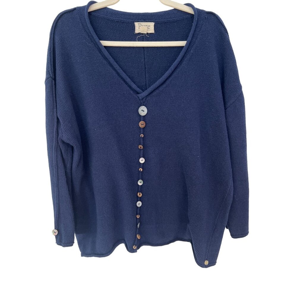 Pure HandKnit V Neck Pullover Sweater Womens 1X Buttons Blue Cotton Cozy Staple